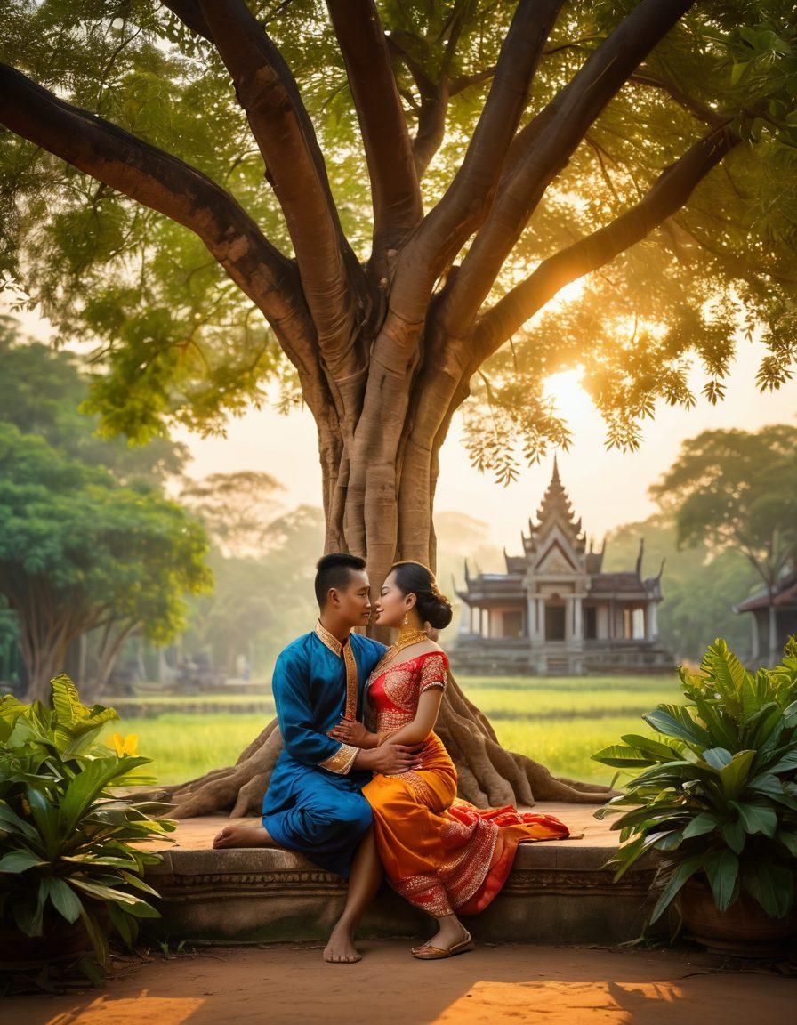 A serene scene depicting a traditional Khmer couple sharing a tender moment under a lush green tree, symbolizing love and health. The background features iconic Khmer architecture, intricately decorated with traditional patterns. Soft, warm lighting enhances the intimacy of the moment while vibrant colors reflect the richness of Khmer culture. Include elements of nature, like blooming flowers and a clear blue sky, to evoke a sense of wellness. super-realistic. vibrant colors.