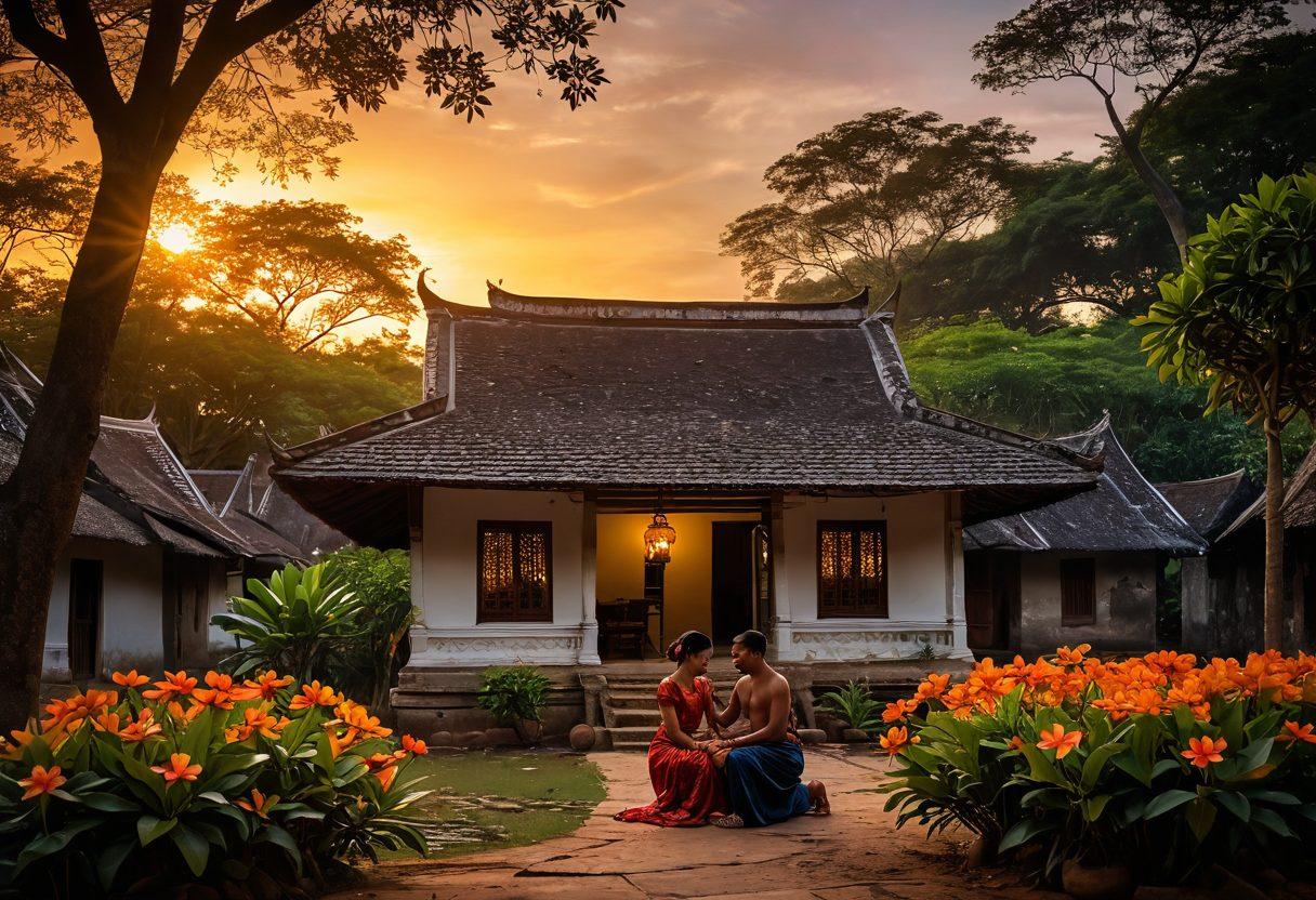 A serene scene depicting a traditional Khmer village during a sunset, with a couple sharing a tender moment under a blossoming frangipani tree. Incorporate elements of Khmer architecture, lush greenery, and soft lighting to enhance the intimacy and warmth of the scene. Symbolic representations of sexual wellness like lotus flowers can be subtly integrated. mystical. vibrant colors. soft focus.