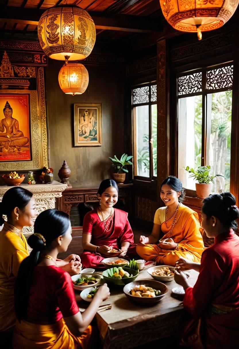 A warm, intimate gathering of diverse individuals sharing stories, surrounded by traditional Khmer decorations like silk tapestries and intricate carvings. Soft natural light illuminates their smiles and gestures, showcasing a sense of genuine connection and cultural richness. Include elements symbolizing intimacy, such as hands reaching out or a shared meal. super-realistic. vibrant colors. warm tones.